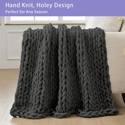 Bigacogo Chunky Knit Throw Blanket for Couch, 51x63 inches, 100% Hand Knitted with Thick Jumbo