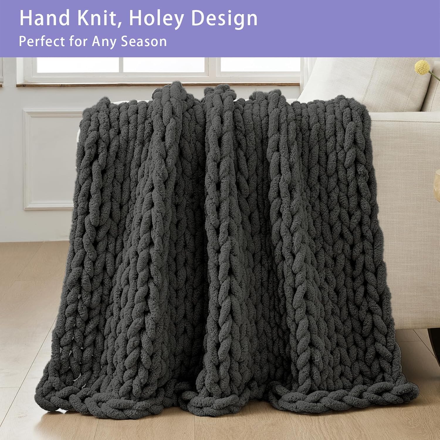 Bigacogo Chunky Knit Throw Blanket for Couch, 40x80 inches, 100% Hand Knitted with Thick Jumbo