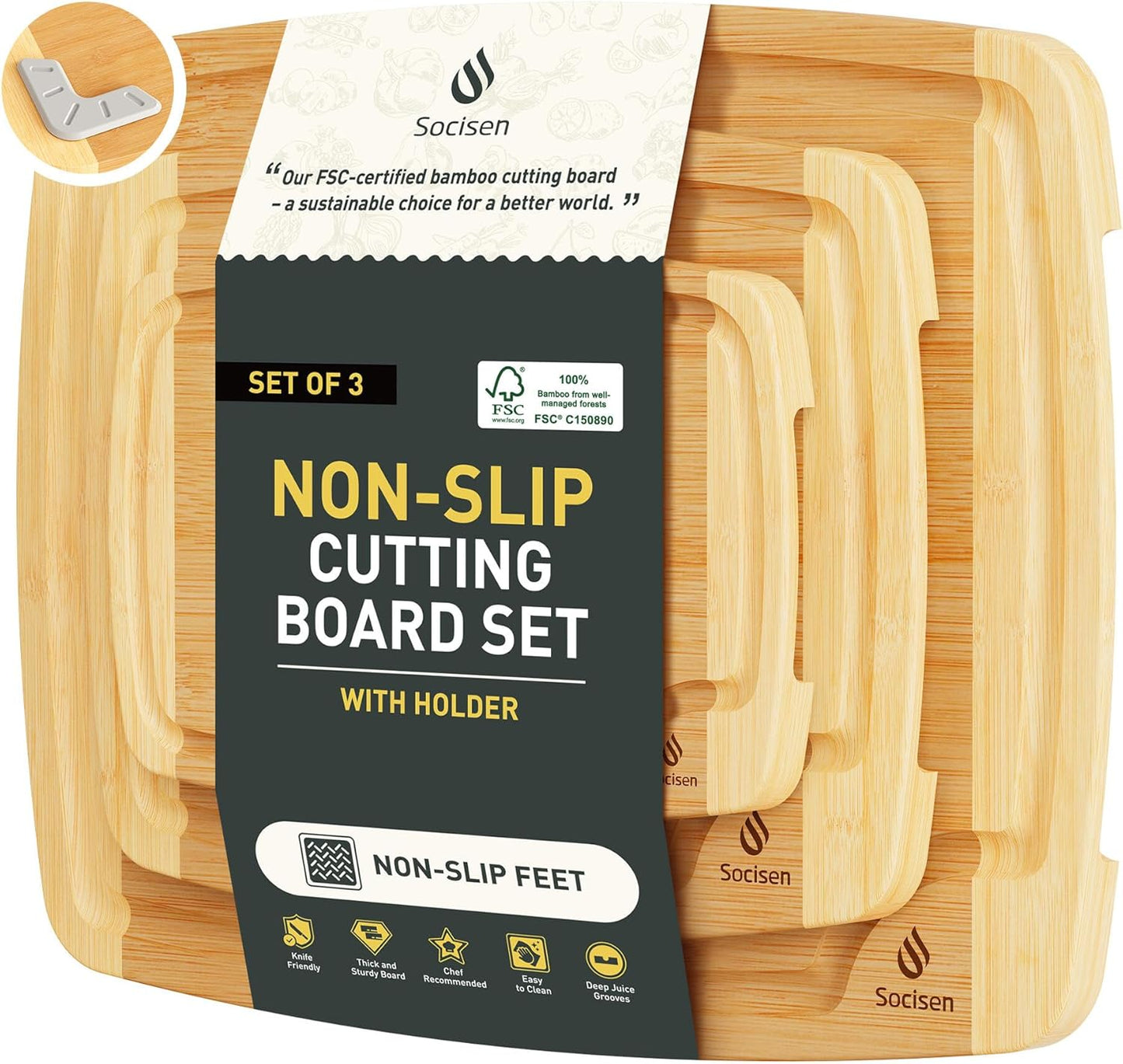 3 packs Bamboo Cutting Board Set Non Slip Feet Over Sink For Kitchen Meal Prep & Serving Brides Her