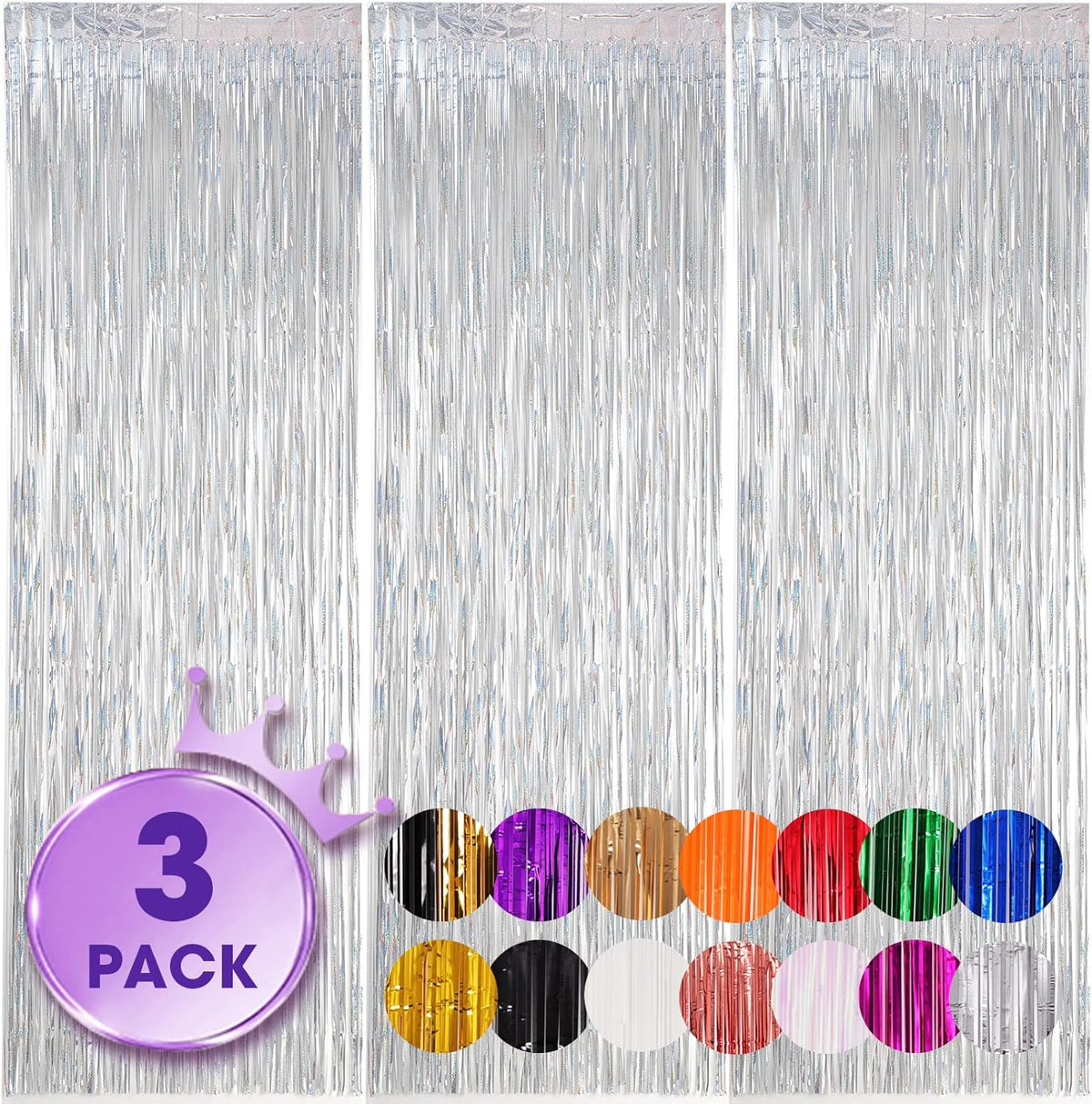 3 Pack 3.3x8.2 Feet Laser Silver Foil Fringe Backdrop Curtains, Tinsel Streamers Birthday Party