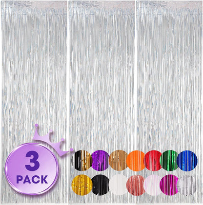 3 Pack 3.3x8.2 Feet Laser Silver Foil Fringe Backdrop Curtains, Tinsel Streamers Birthday Party
