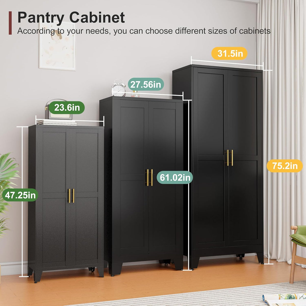 Metal Pantry Cabinet with 2 Doors and Adjustable Shelves, Kitchen Storage cabinets with Gold