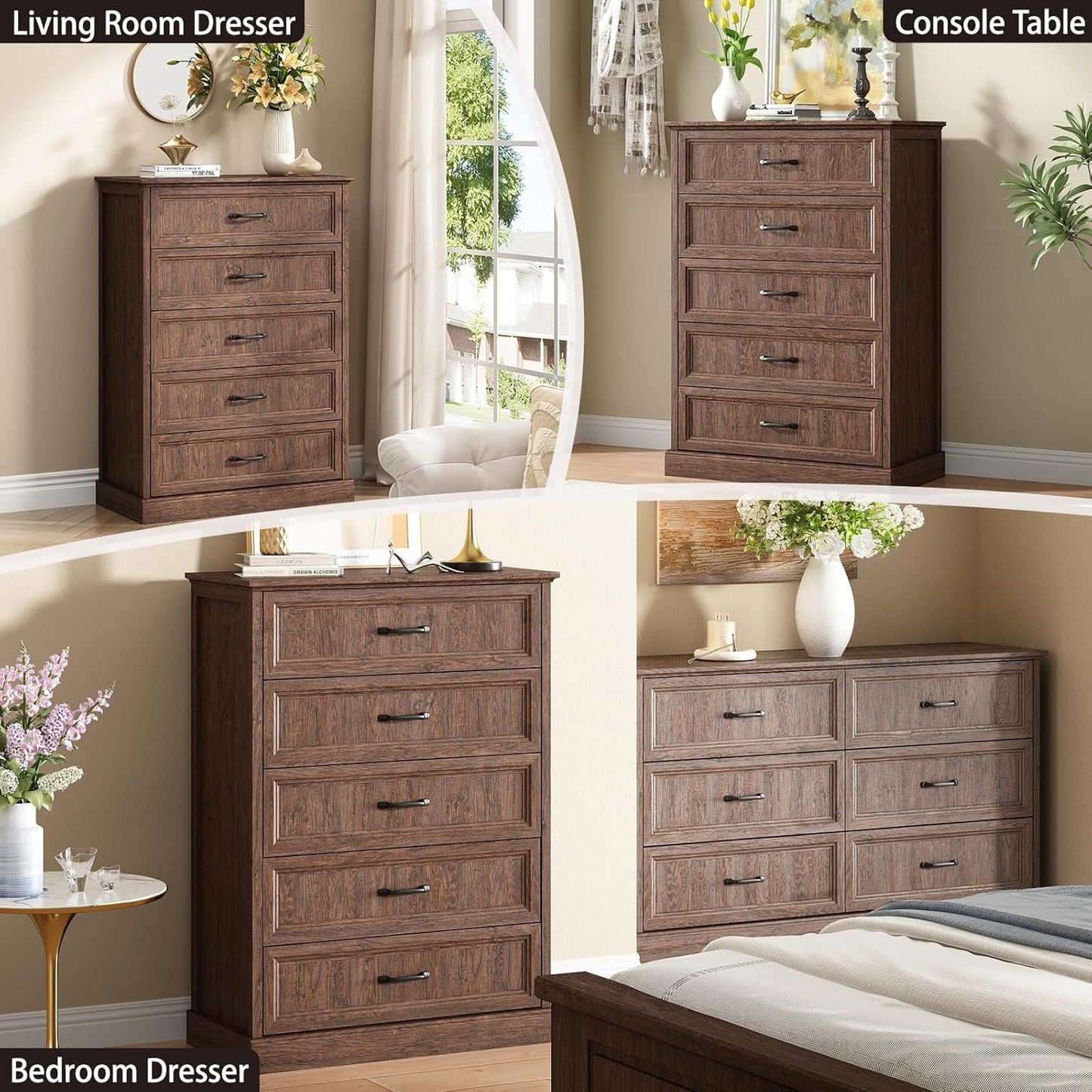Farmhouse 5 Drawers Dresser for Bedroom, 44" Tall Brown dresser Wood Rustic Chest of Drawers with