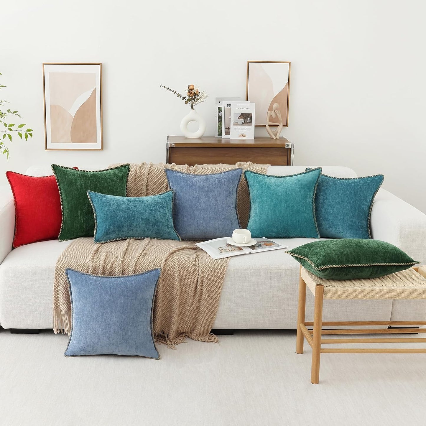 decorUhome Chenille Soft Throw Pillow Covers 24x24 Set of 2, Farmhouse Velvet Neutral Decorative