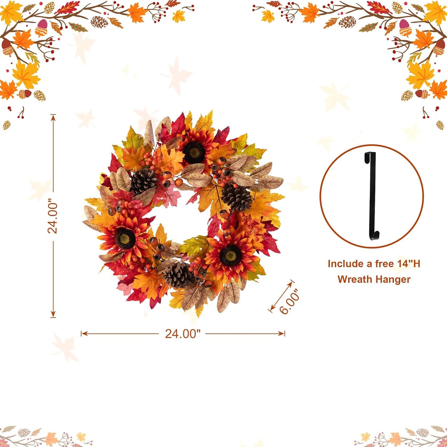 Glitzhome 24''D Fall Wreath with Hanger, Artificial Autumn Wreath for Front Door with Sunflower