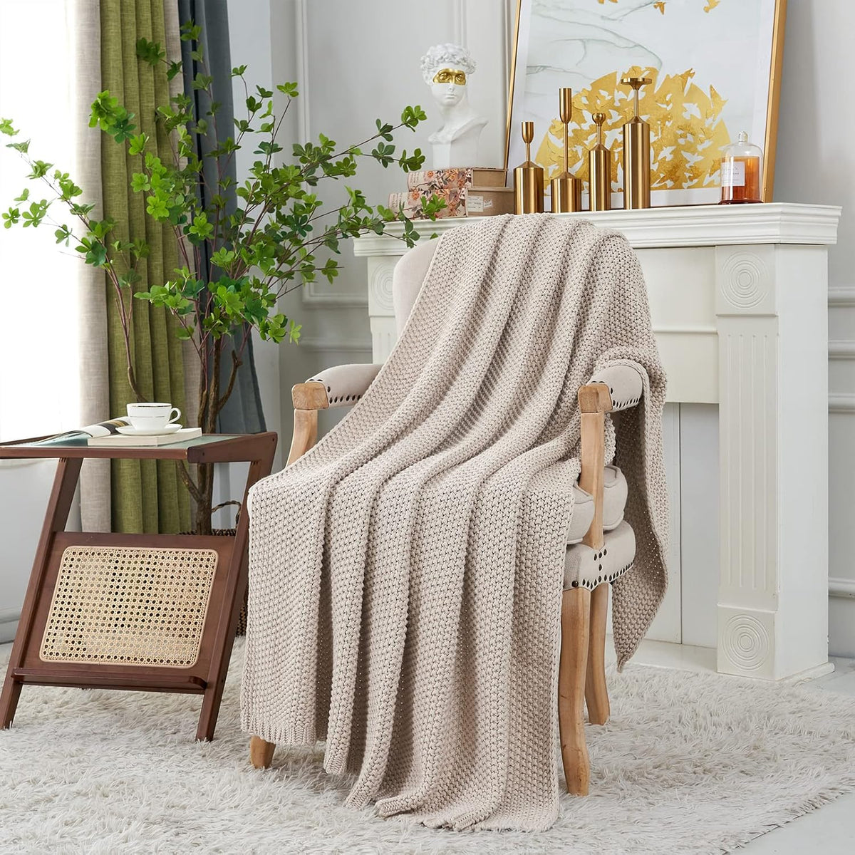 Longhui bedding Chunky Cable Knit Throw Blanket Lightweight Beige 100% Organic Cotton Blanket for