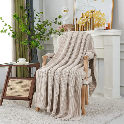 Longhui bedding Chunky Cable Knit Throw Blanket Lightweight Beige 100% Organic Cotton Blanket for