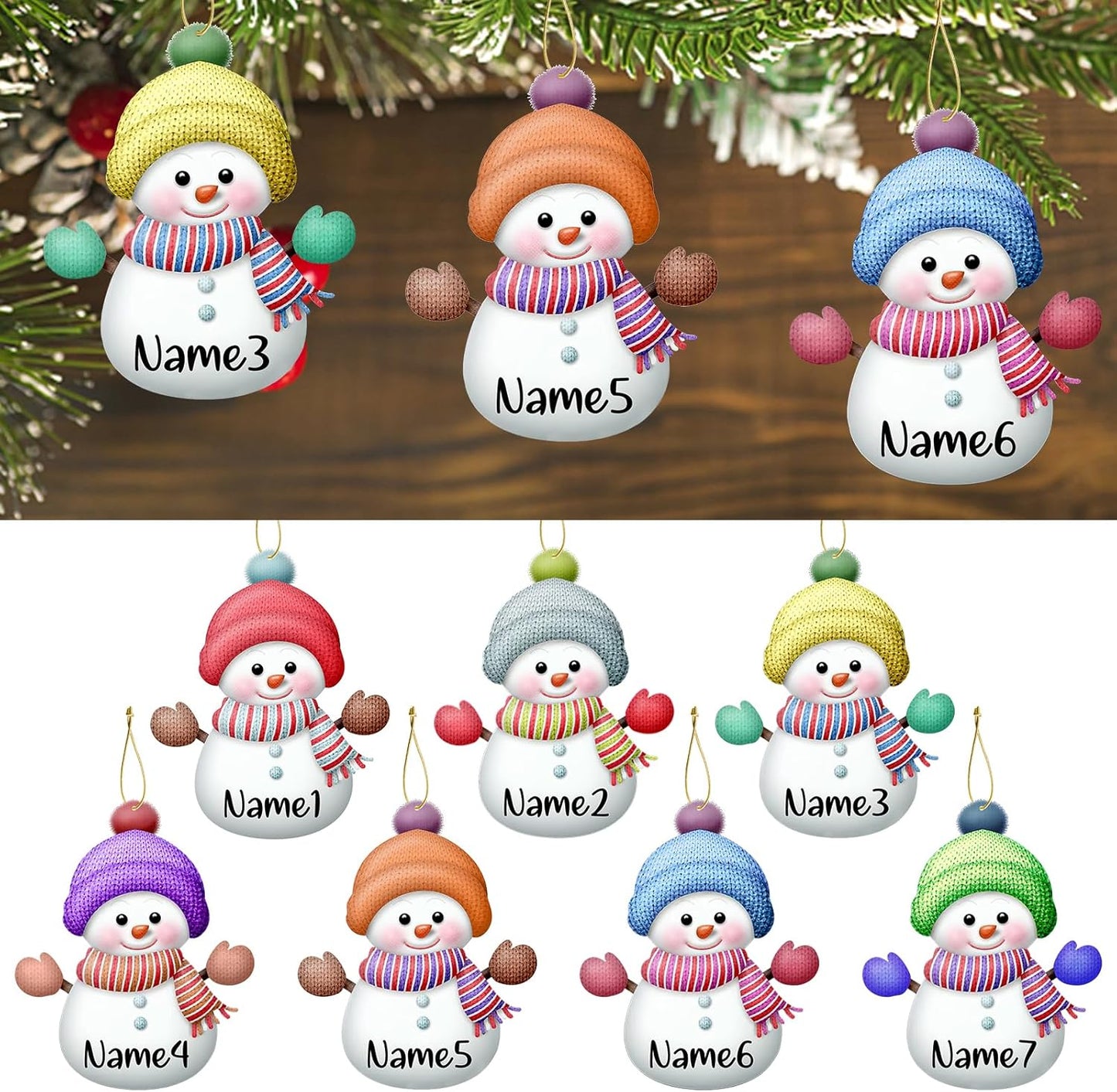 Personalized Christmas Ornaments,7pcs Custom Snowman Ornaments with Name Customized Family Ornament