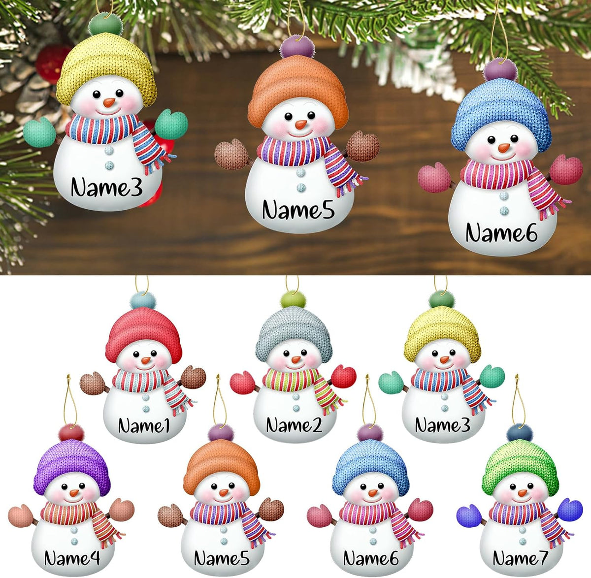 Personalized Christmas Ornaments,7pcs Custom Snowman Ornaments with Name Customized Family Ornament