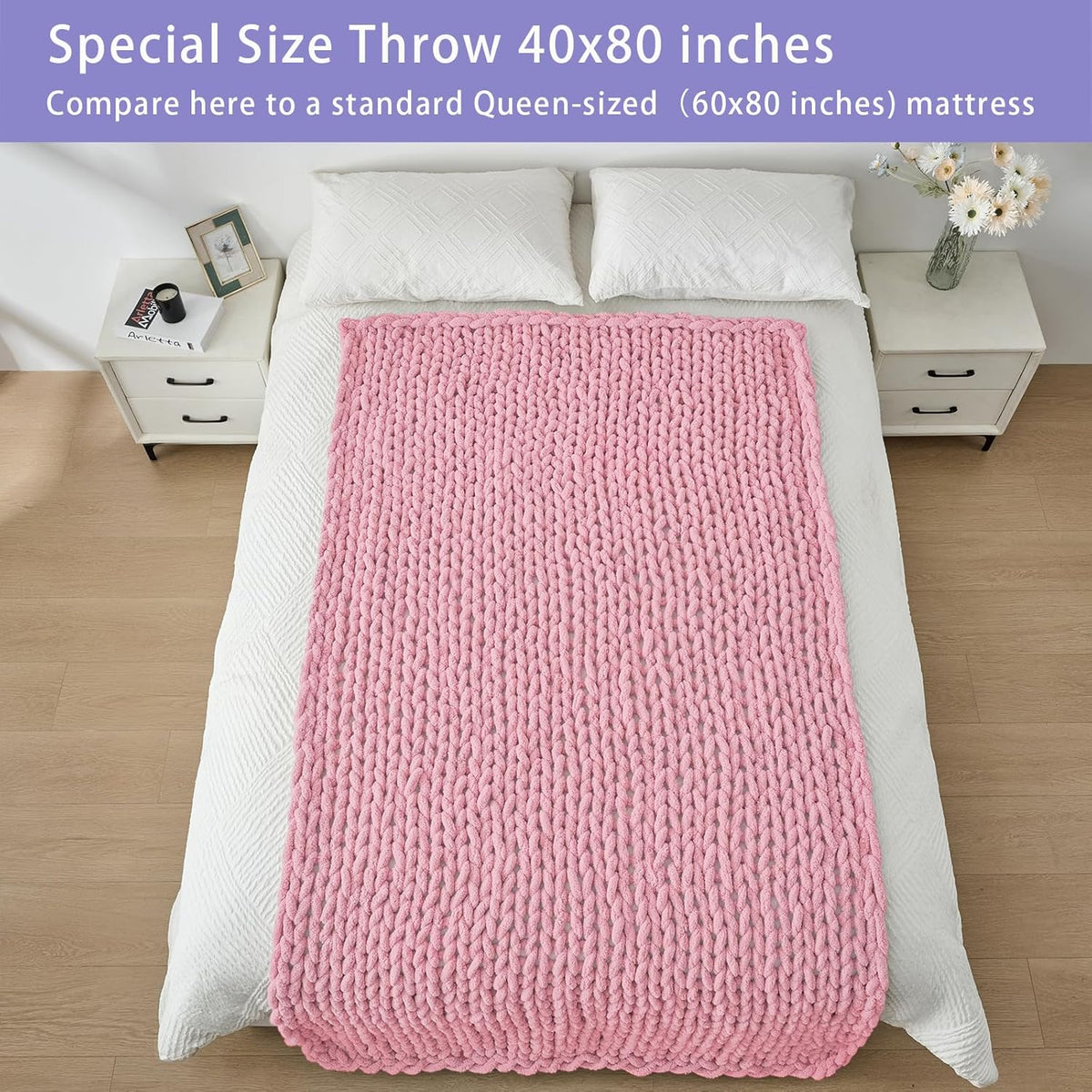 Bigacogo Chunky Knit Throw Blanket for Couch, 40x80 inches, 100% Hand Knitted with Thick Jumbo