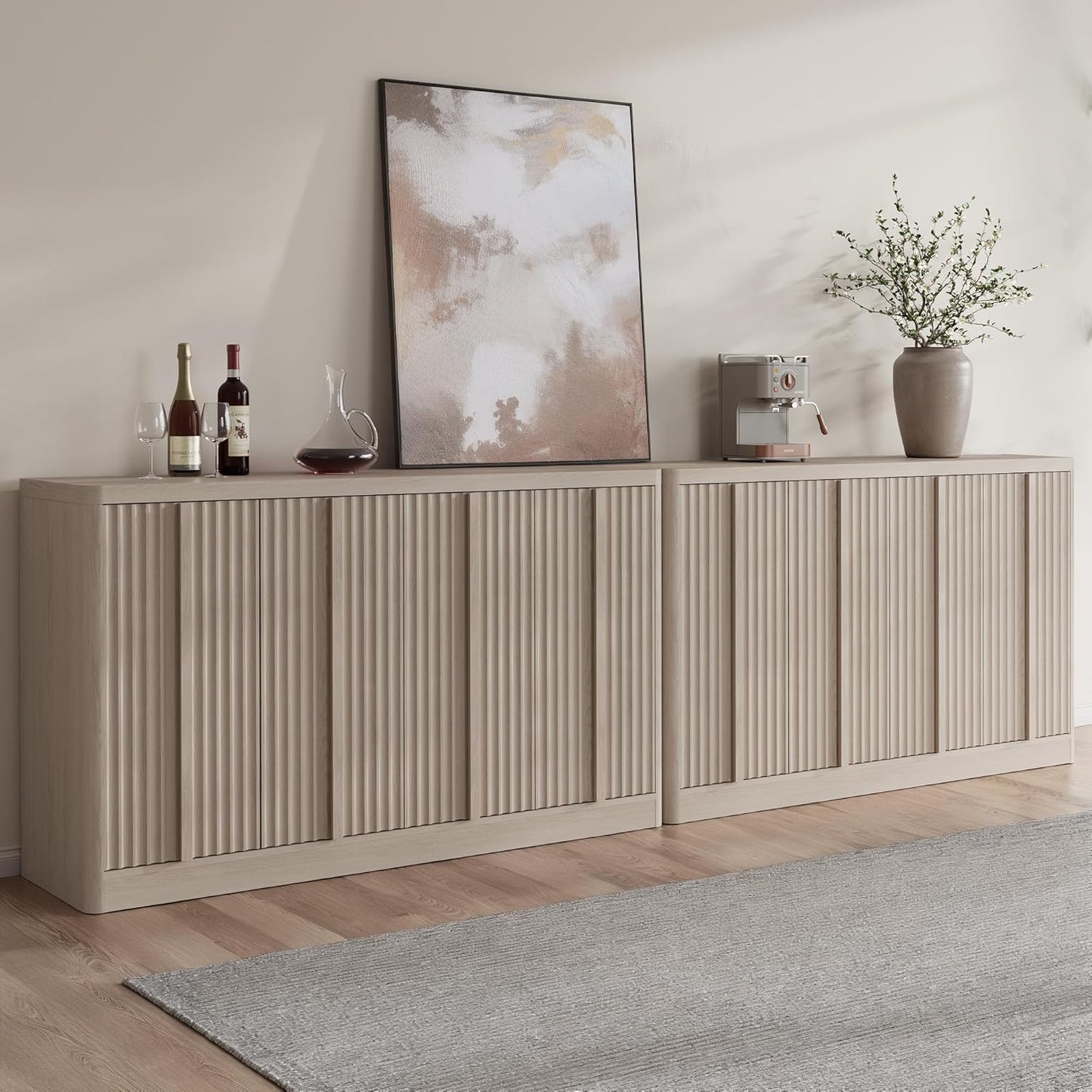 Fluted Buffet Cabinet with Storage, 120" Sideboard Buffet Storage Cabinet with 8 Doors & Solid Wood