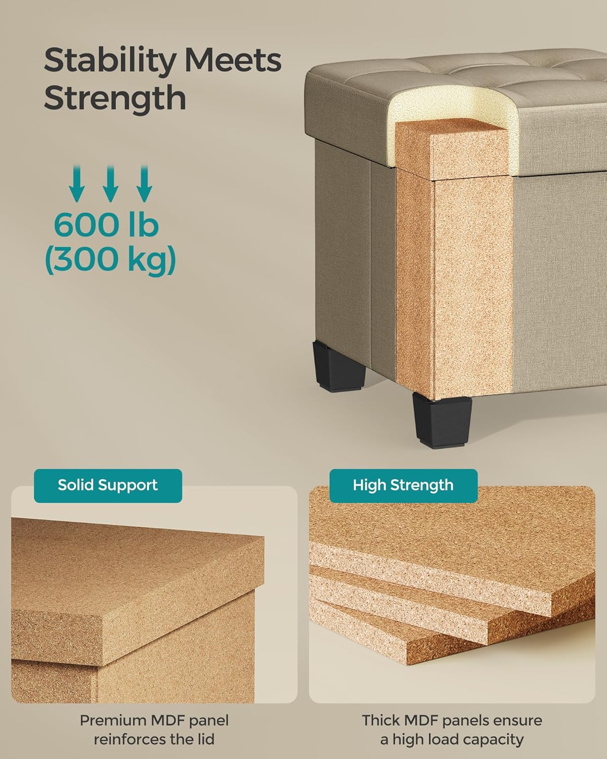 SONGMICS Storage Ottoman, Small Ottoman Foot Rest with Legs, 15 x 15 x 15.7 Inches Foot Stool, Load