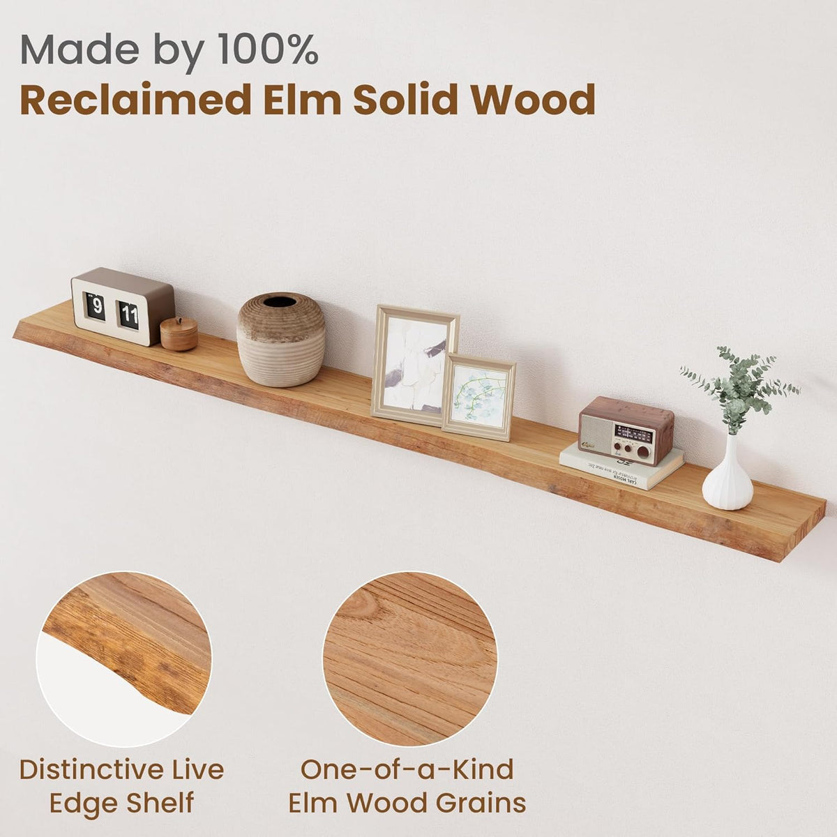 Floating Shelves for Wall Decor, Rustic Solid Elm Wood Live Edge Floating Shelves Wall Mounted