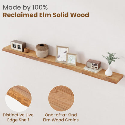 Floating Shelves for Wall Decor, Rustic Solid Elm Wood Live Edge Floating Shelves Wall Mounted