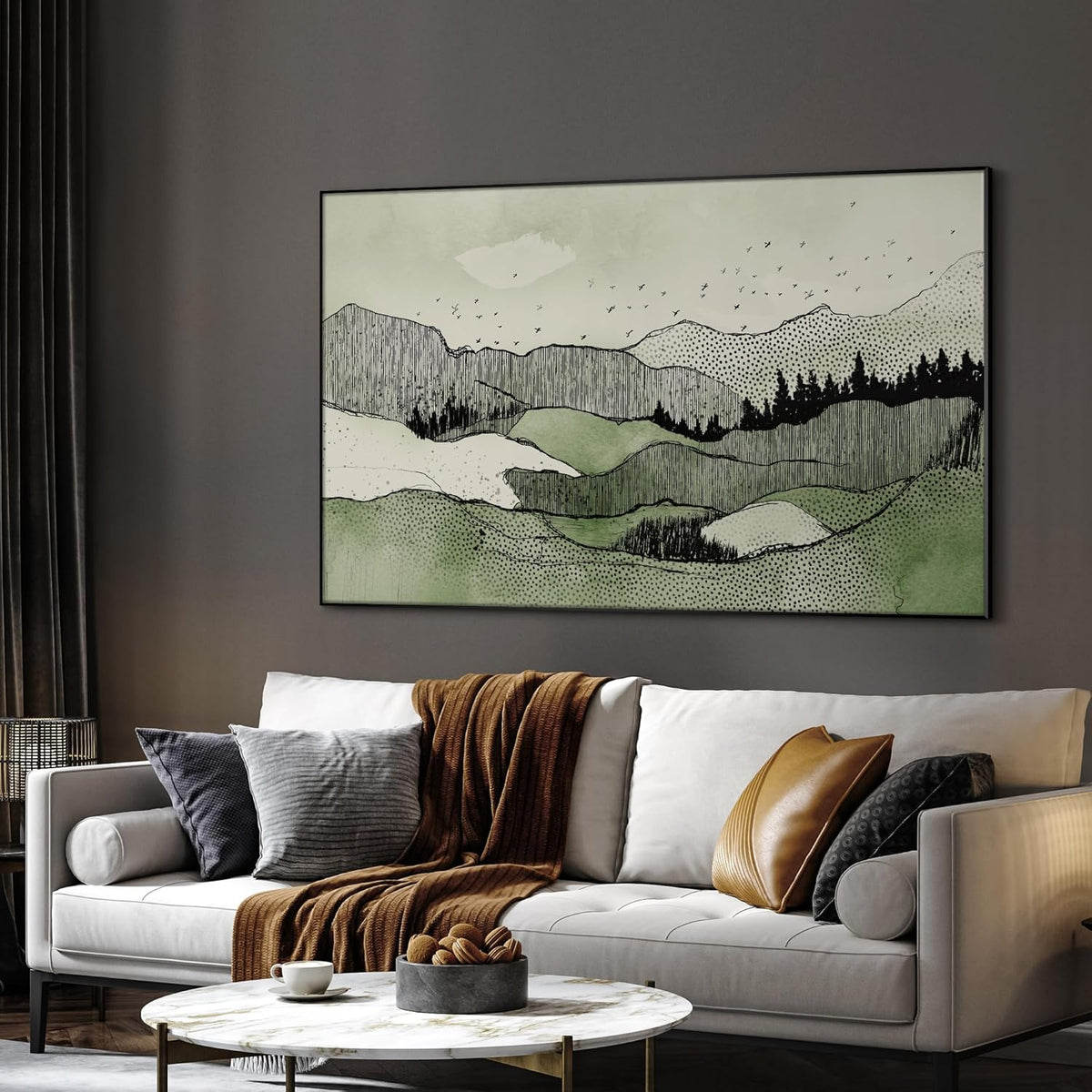 SIGNWIN 36"x60" Extra Large Framed Wall Art Green Line Art Mountain Landscape Illustration for Home