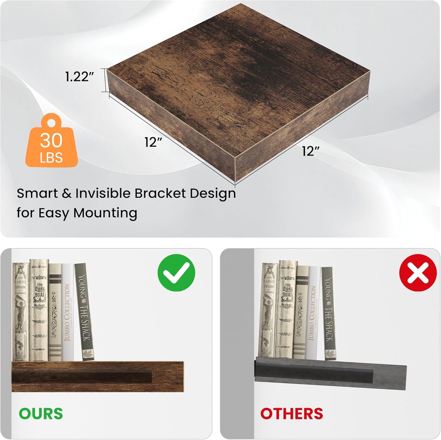 Square Floating Shelves for Wall, 12"W x 12"D x 1.2"H, Small Wooden Wall Mounted Display Shelf with