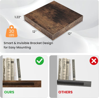Square Floating Shelves for Wall, 12"W x 12"D x 1.2"H, Small Wooden Wall Mounted Display Shelf with