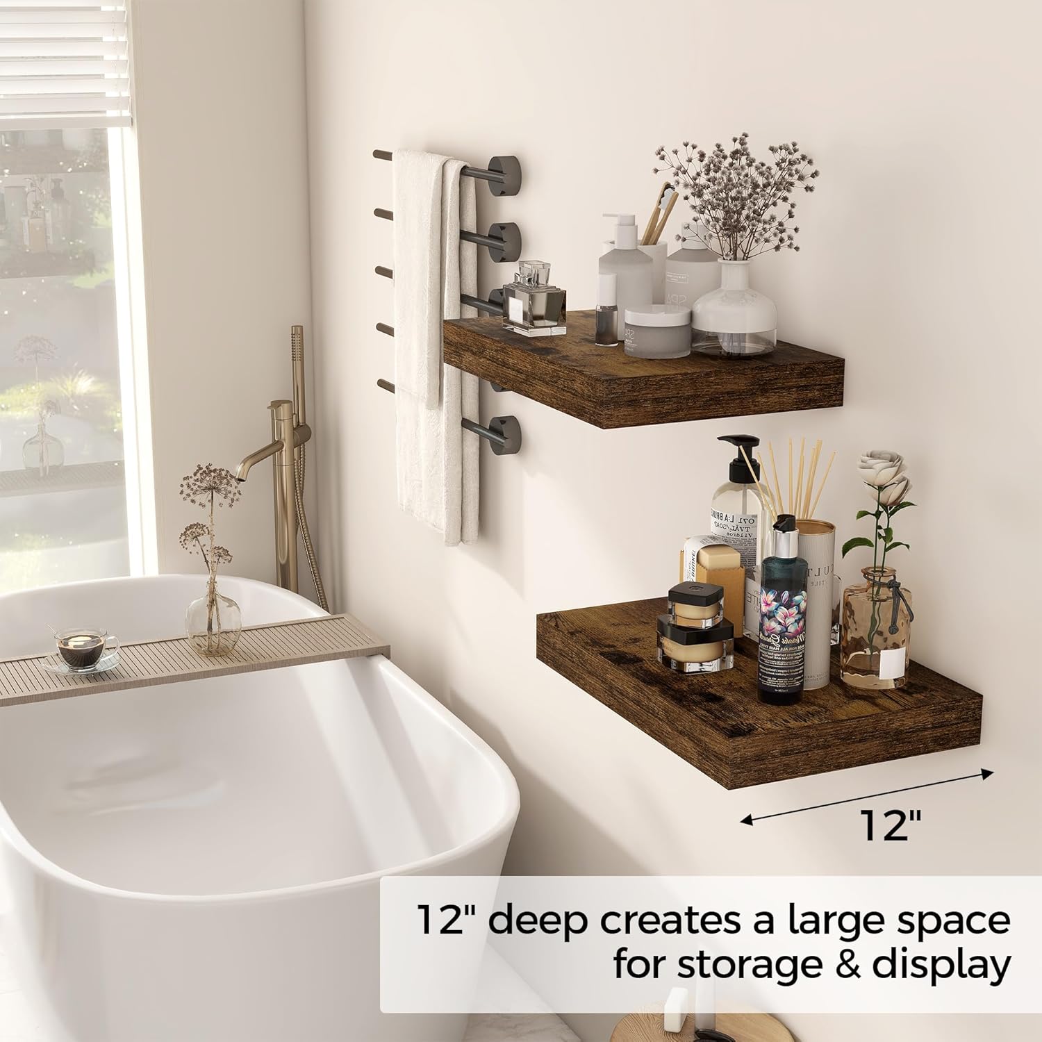 12 Inch Deep Floating Shelves, 16 x 12 Floating Shelf for Books, Rustic Wood Deep Wall Shelves for