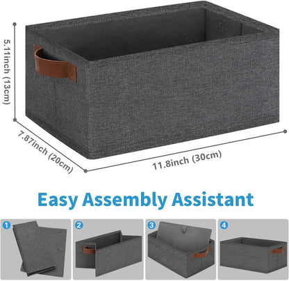 GhvyenntteS Small Fabric Storage Bins 6 Pack, 11.8" x 7.87" x 5.11" Storage Basket with Leather