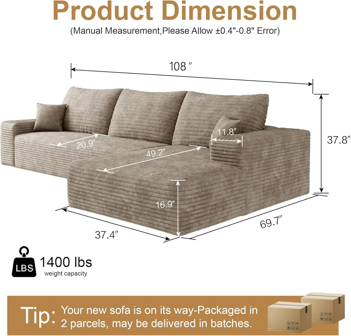 108" Sectional Couches for Living Room Modern Modular Sofa with L-Shape Couchs Upholstered Boneless