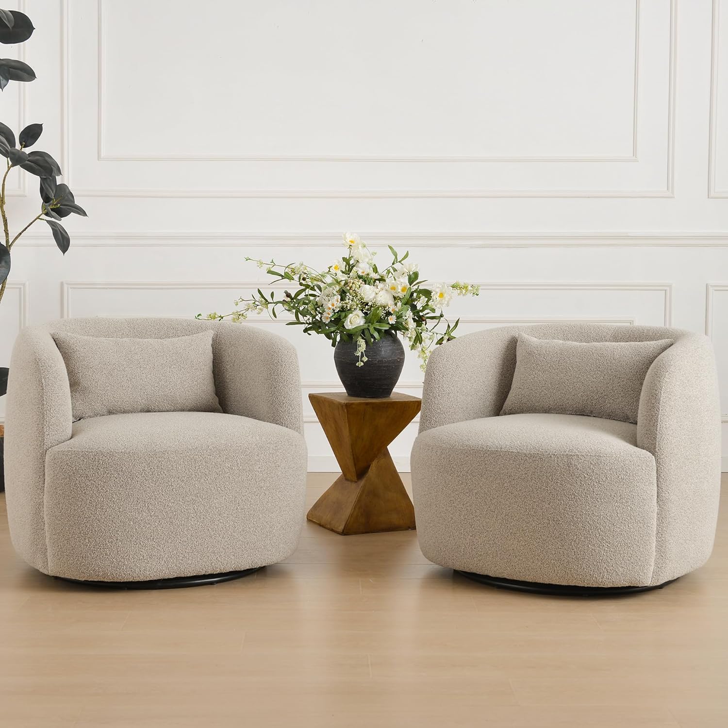 KINWELL 34" Wide Sherpa Swivel Barrel Chairs Set of 2, No Assembly Round Boucle Upholstered Accent