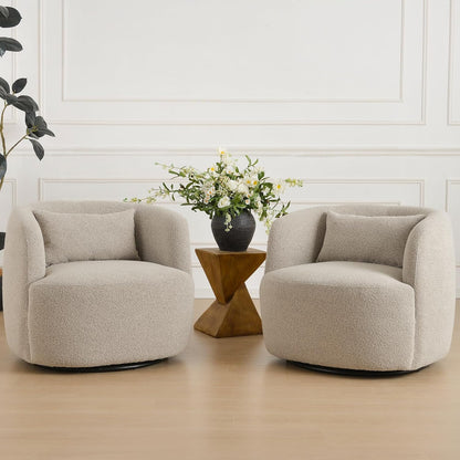 KINWELL 34" Wide Sherpa Swivel Barrel Chairs Set of 2, No Assembly Round Boucle Upholstered Accent
