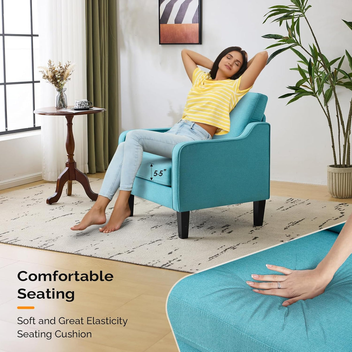 VINGLI Accent Chairs Set of 2 Living Room Chairs Teal Blue Reading Chair for Bedroom Scooped Arm