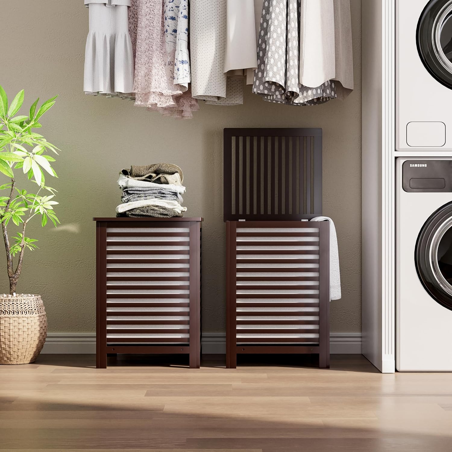 SMIBUY Double Laundry Hamper with Lid, 120L Bamboo Laundry Basket with Removable Liner Bag
