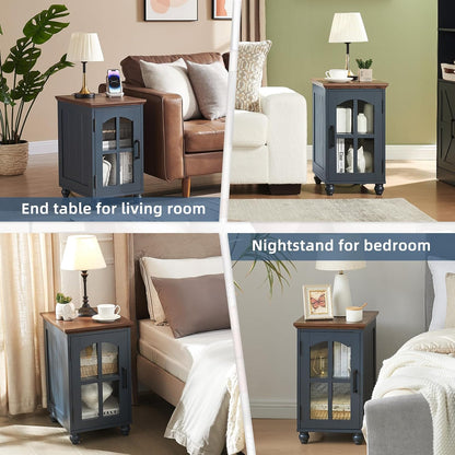 Narrow Side Table,Farmhouse Nightstand with Charging Station,Wood End Table with Glass Barn Door