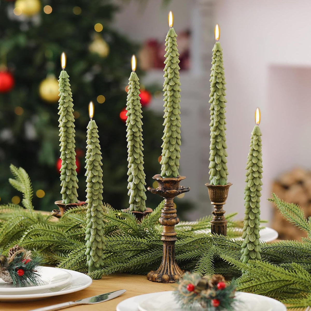 6 Pcs Christmas Tree Shaped Candles Xmas Wax Scented Candles Dark Green Decorative Christmas Tree