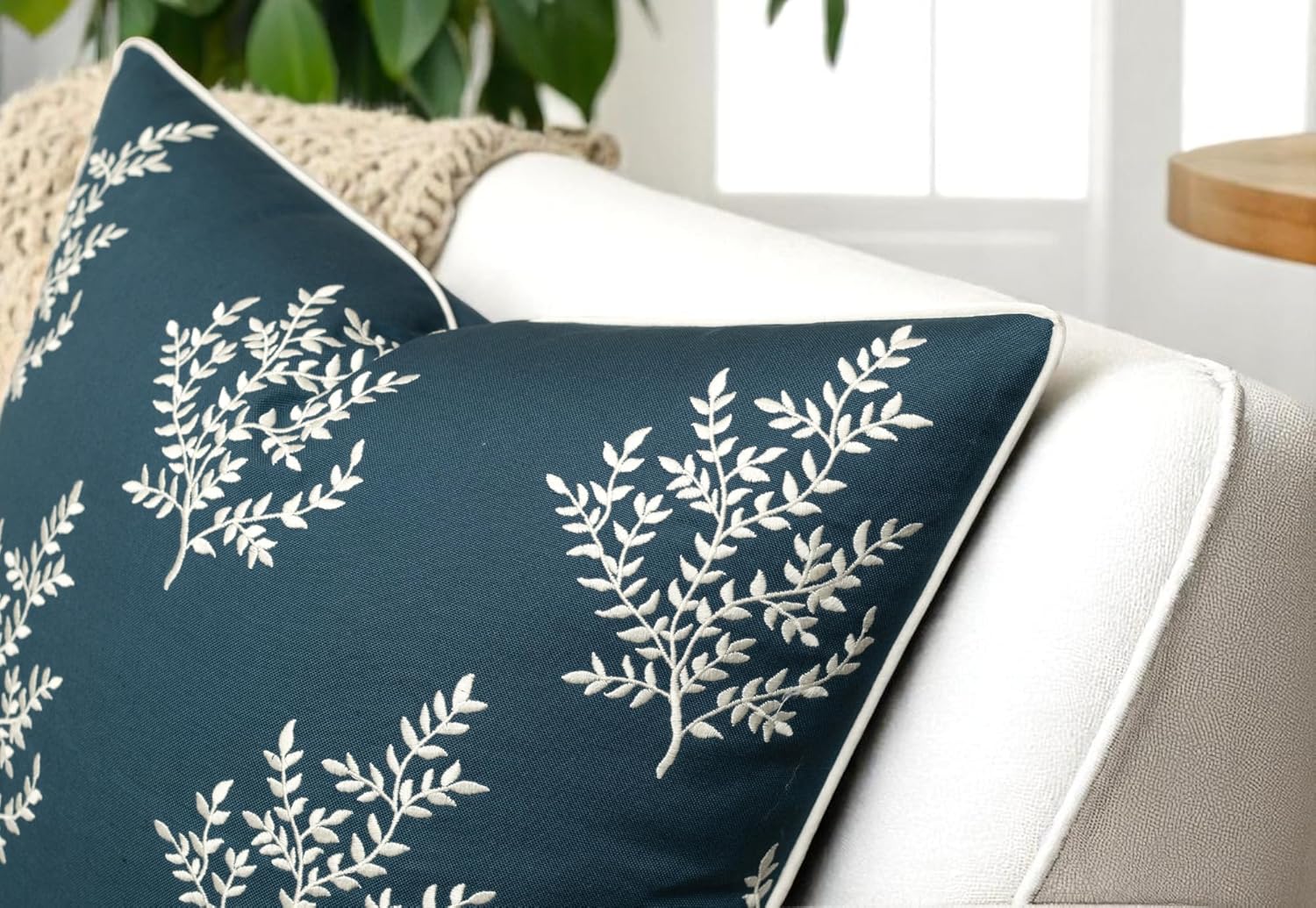 VAGMINE Embroidered Leaves Throw Pillow Cover - 20x20 Inches Square - 100% Cotton Teal Decorative