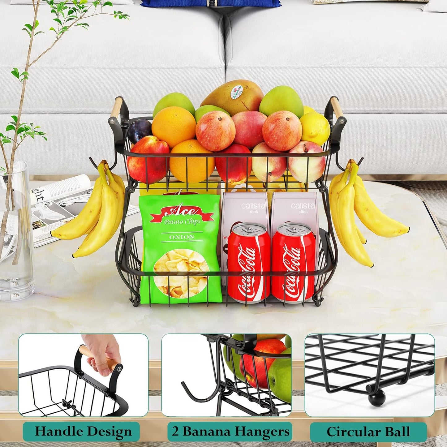 ANTOPY 2 Tier Fruit Basket with 2 Banana Hangers, Countertop Fruit Vegetable Basket Bowl for