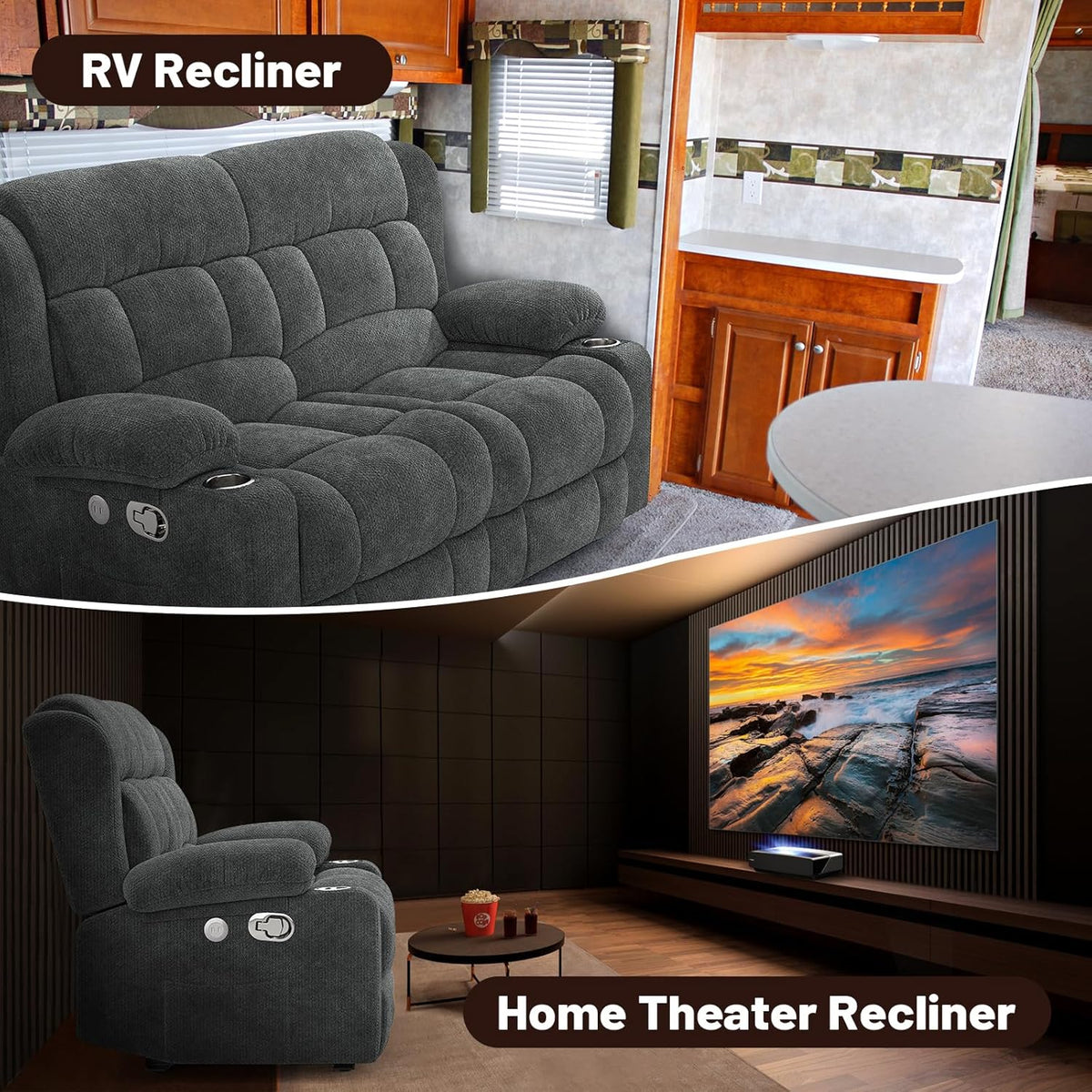 Loveseat Recliner Sofa, 2 Seater Minimalist Style Fabric Manual Pull Tab Reclining Loveseat with