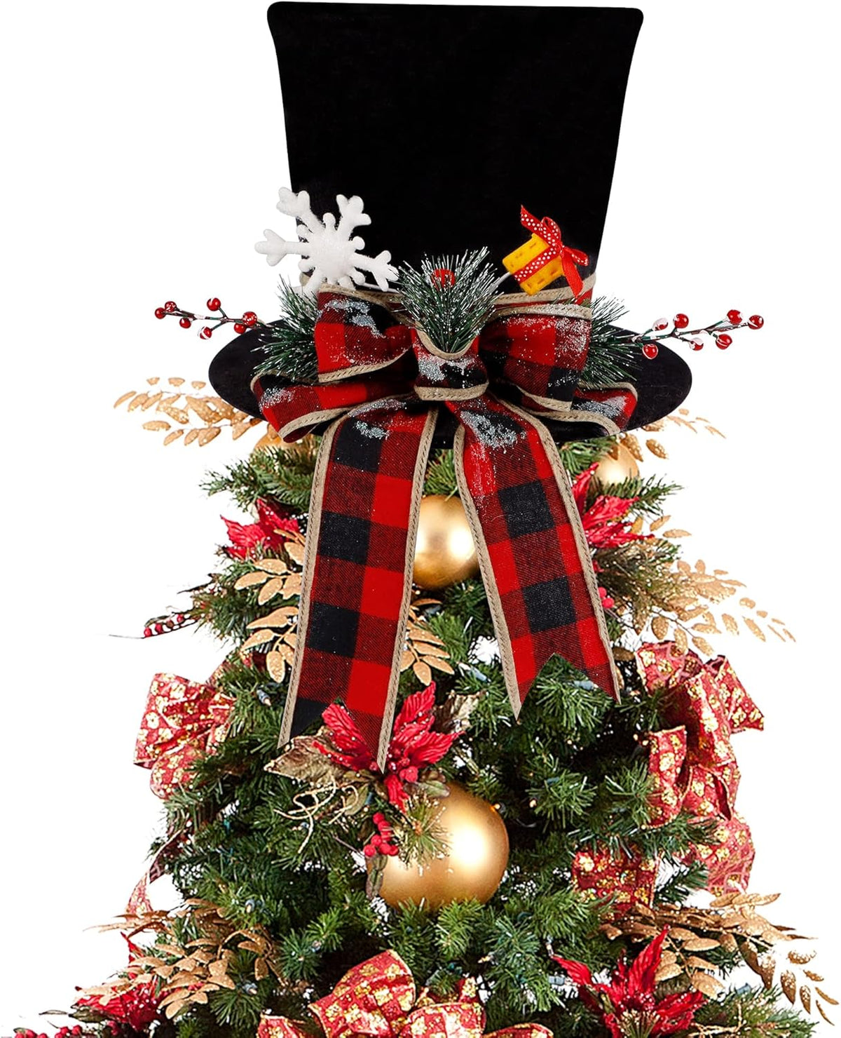 yofit Christmas Tree Topper Hat, Black Velvet Hat with Red Buffalo Plaid Bow Red Berry Snowflake