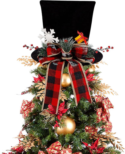 yofit Christmas Tree Topper Hat, Black Velvet Hat with Red Buffalo Plaid Bow Red Berry Snowflake