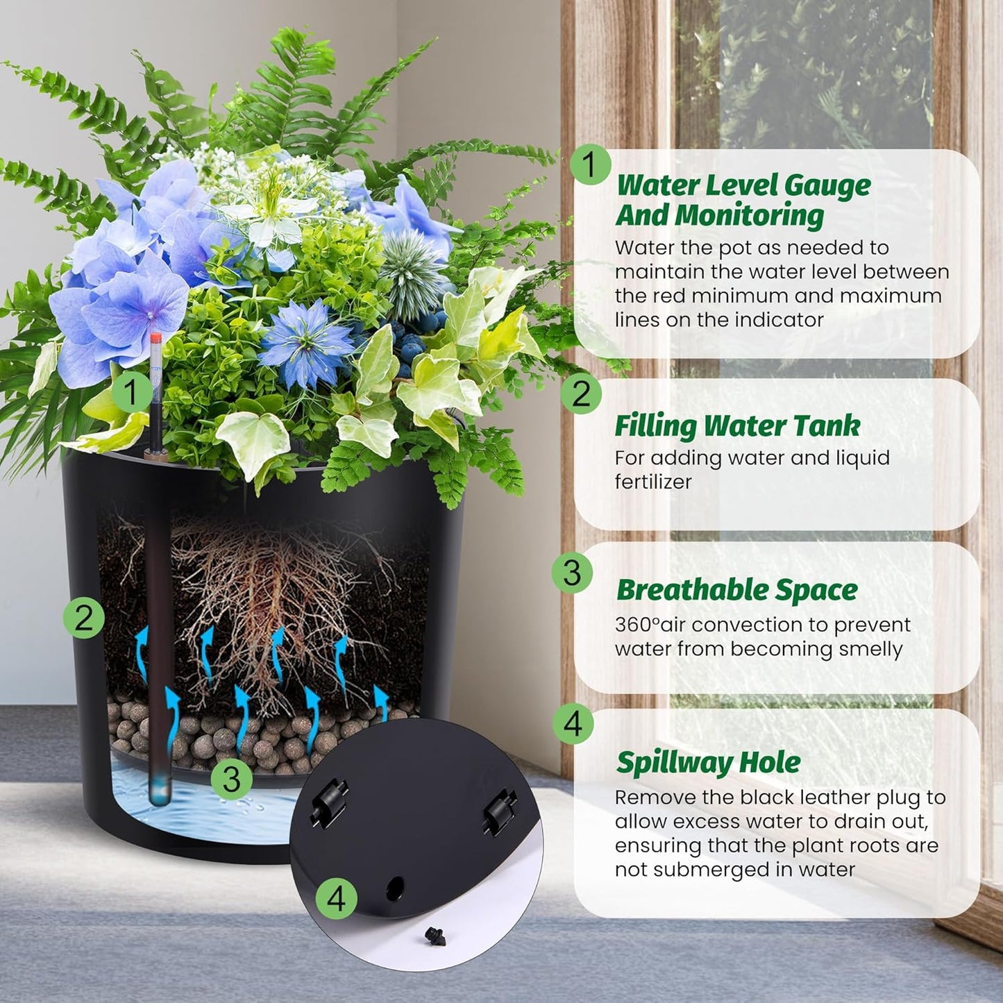 Tall Round Planter Set of 2, 19.5‘’ H x 19.9" Dia Large Planters for Indoor Plants with Built-in
