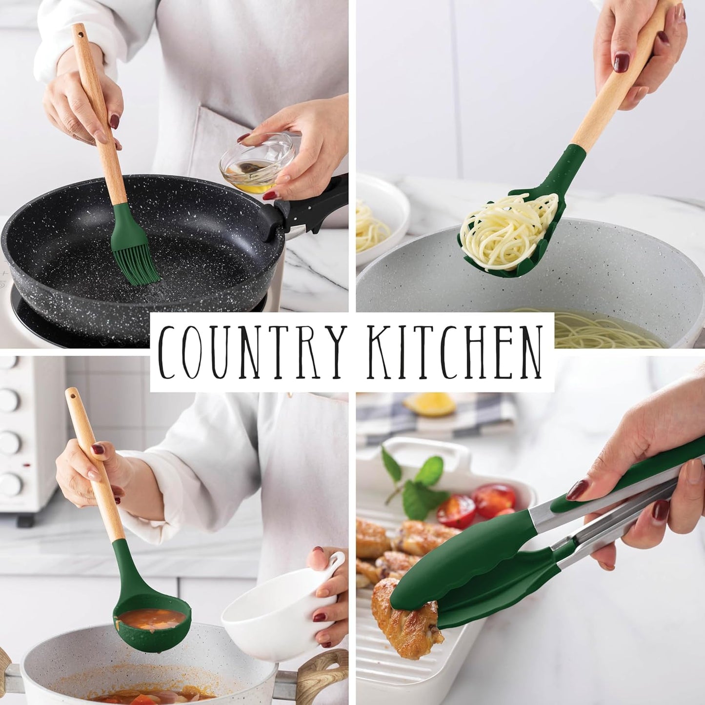 Country Kitchen Non Stick Silicone Utensil Set with Rounded Wood Handles for Cooking and Baking, 14