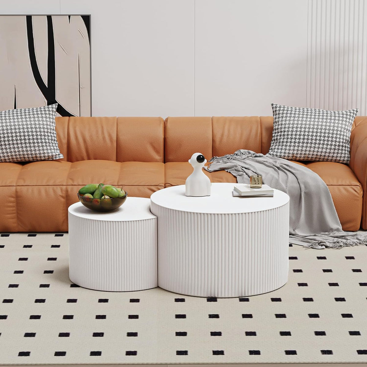 Round Nesting Coffee Table Wood Drum Nesting Tables Modern Stacking Coffee Table Set of 2 Fluted