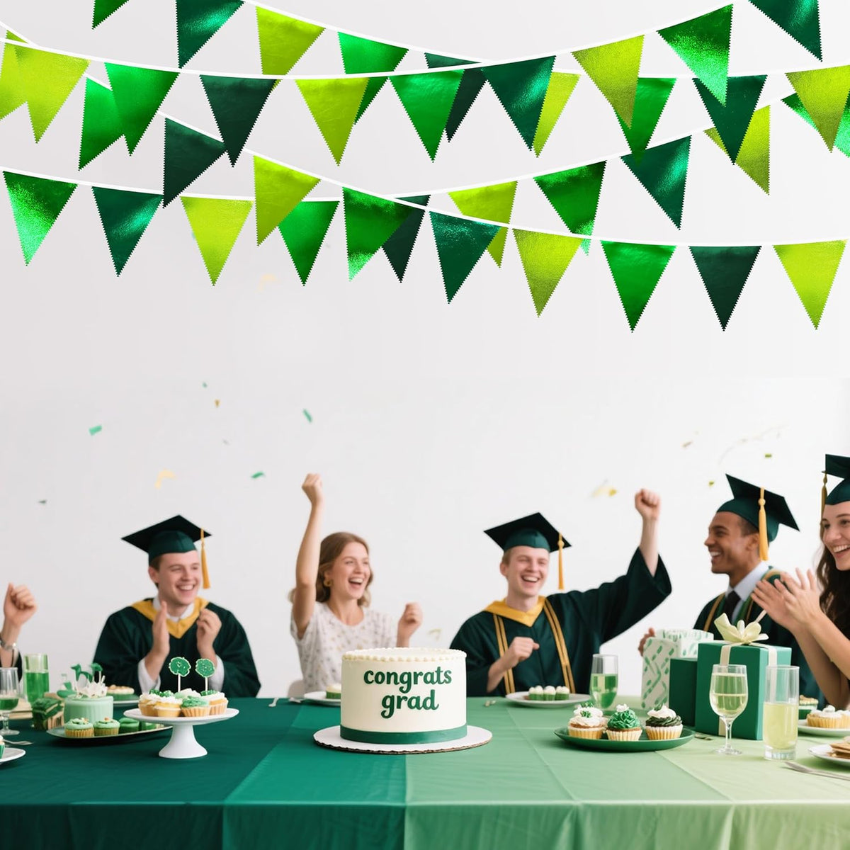 Gradient Green Party Decorations Metallic Fabric Ombre Green Triangle Pennant Banner Flag Bunting