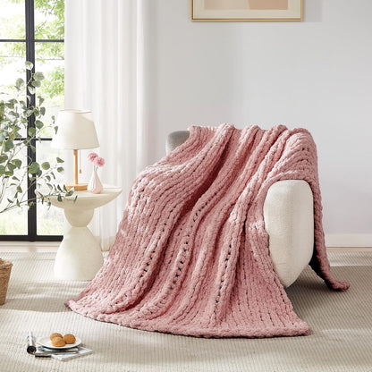 L'AGRATY Chunky Knit Blanket Throw: 72''x84'' Chenille Chunky Knitted Throw Blanket for Bed Couch