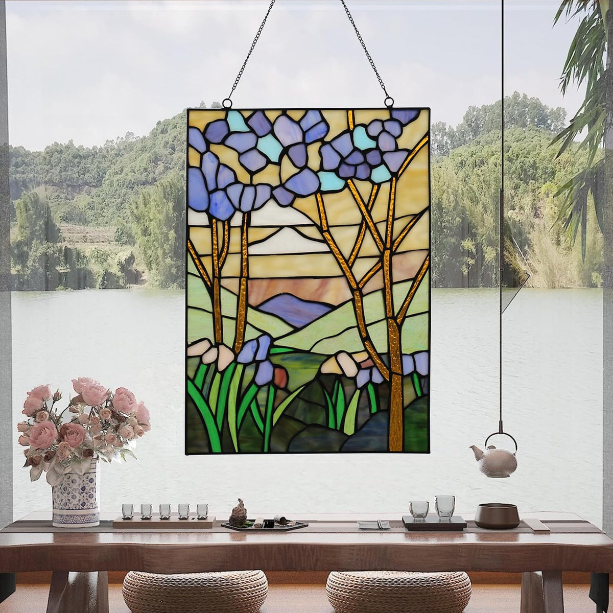 YOURANJU Stained Glass Window Hanging 16" H x 11" W Tiffany Style Rectangular Window Panel Suitable