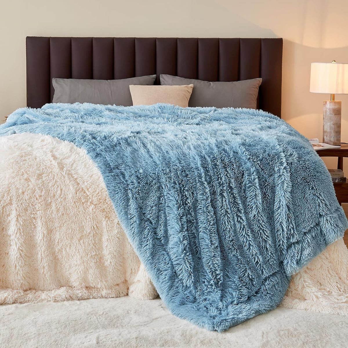 GONAAP Fuzzy Faux Fur Throw Blanket Twin Size Light Blue Super Soft Cozy Plush Fuzzy Shaggy Blanket