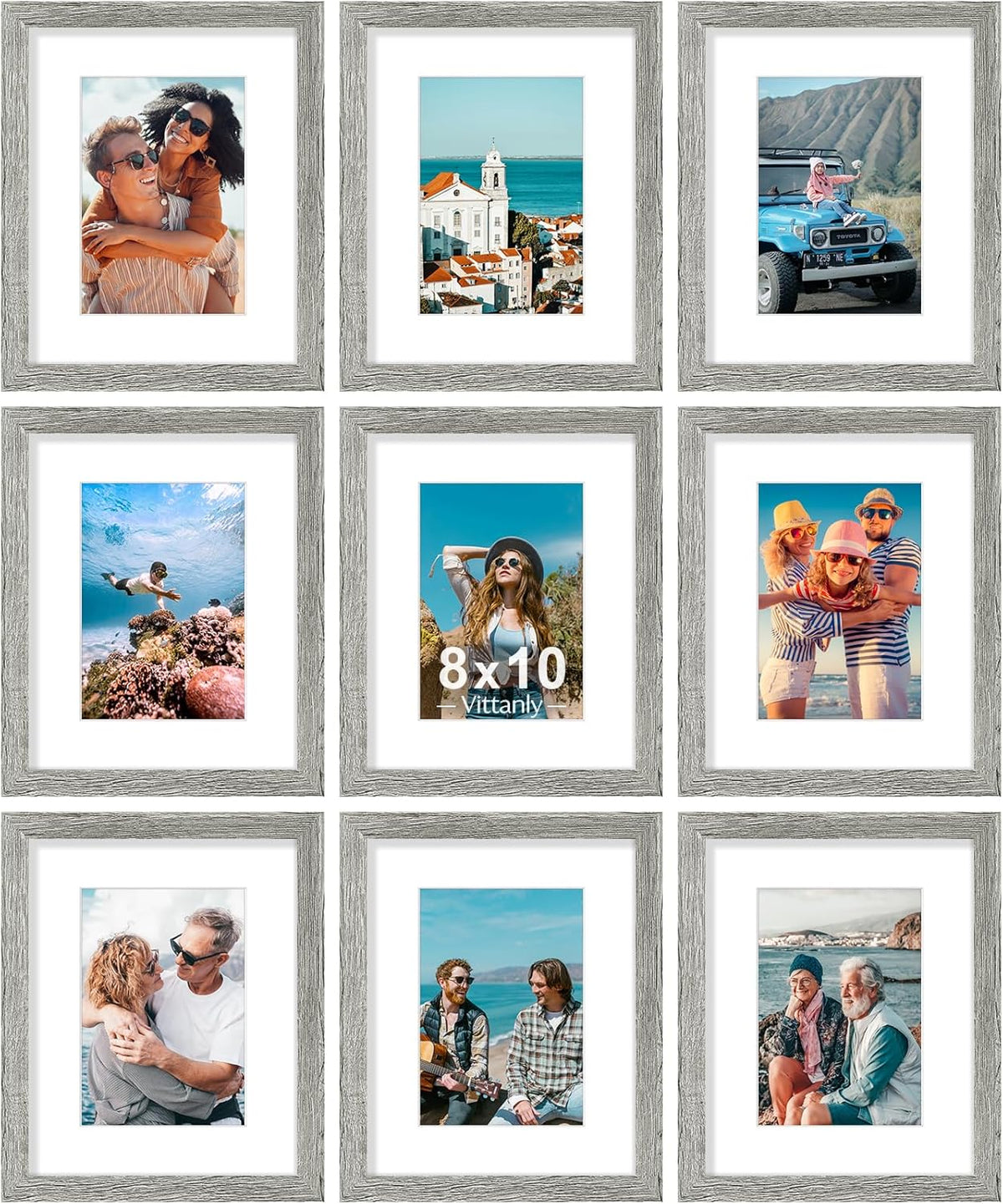 Vittanly 8x10 Picture Frames Set of 9, Shatter Resistant Plexiglass, Display 5x7 Pictures with Mat