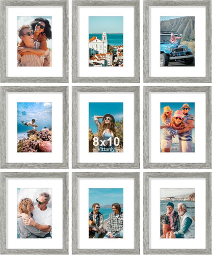 Vittanly 8x10 Picture Frames Set of 9, Shatter Resistant Plexiglass, Display 5x7 Pictures with Mat