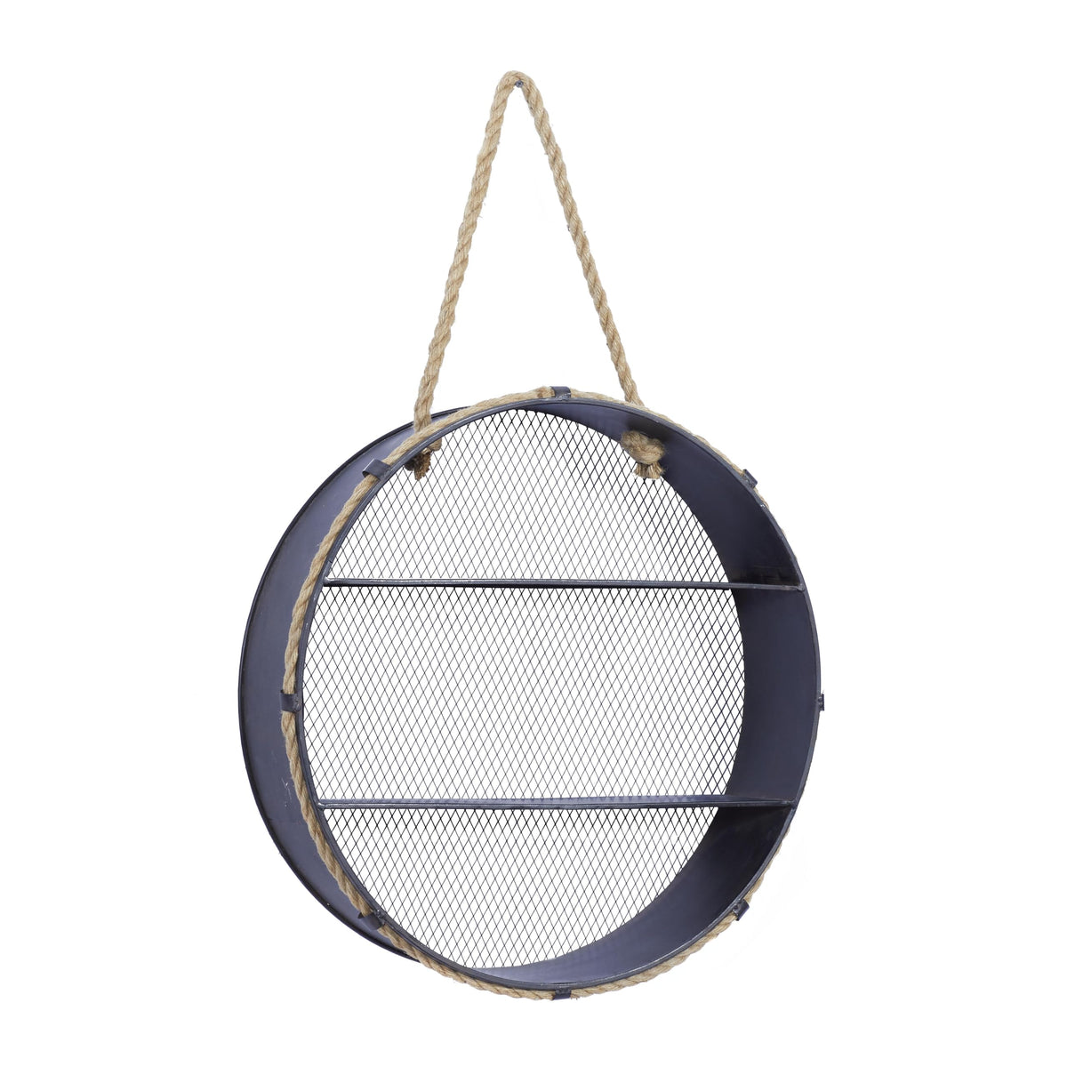 Deco 79 Metal Round 2 Shelves Wall Shelf with Hanging Rope, 24" x 6" x 24", Black