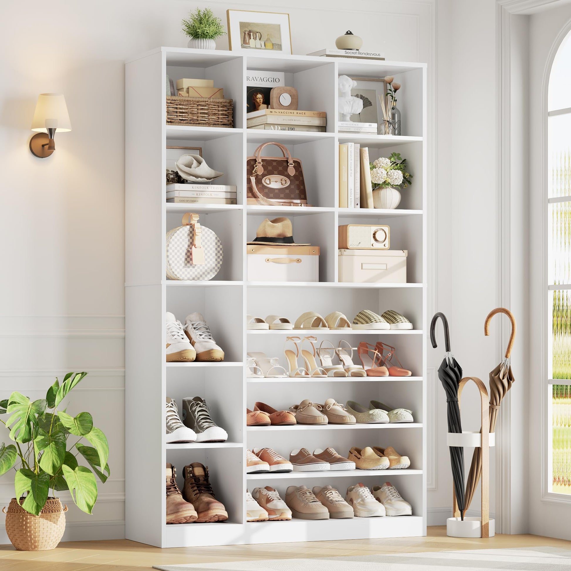 Keyluv 74" Tall Shoe Storage Cabinet with 12 Cubes &5-Tier Shoe Rack, White