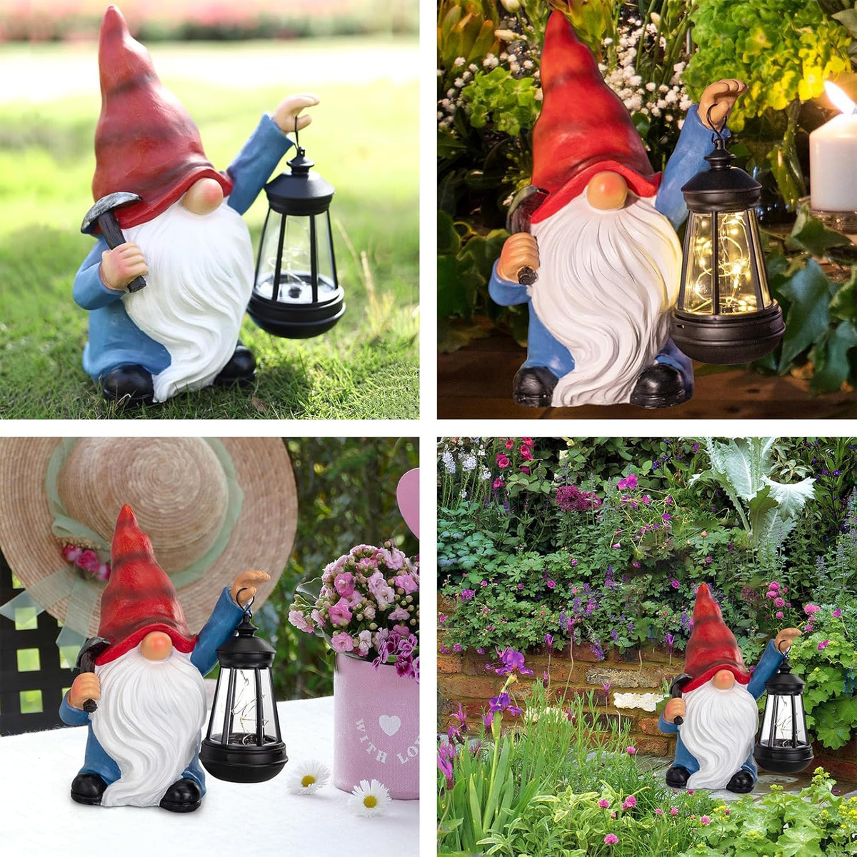 Garden Gnome Statue Solar Light Outdoor Decorations Figurine with Lantern Led Shovel Sculpture Lawn