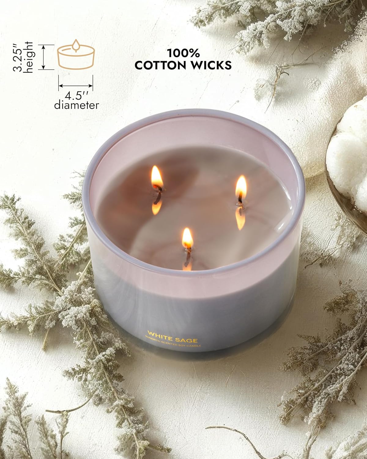 96NORTH Luxury White Sage Candle | Large 3 Wick Jar Candle | Up to 50 Hours Burning Time | 100%