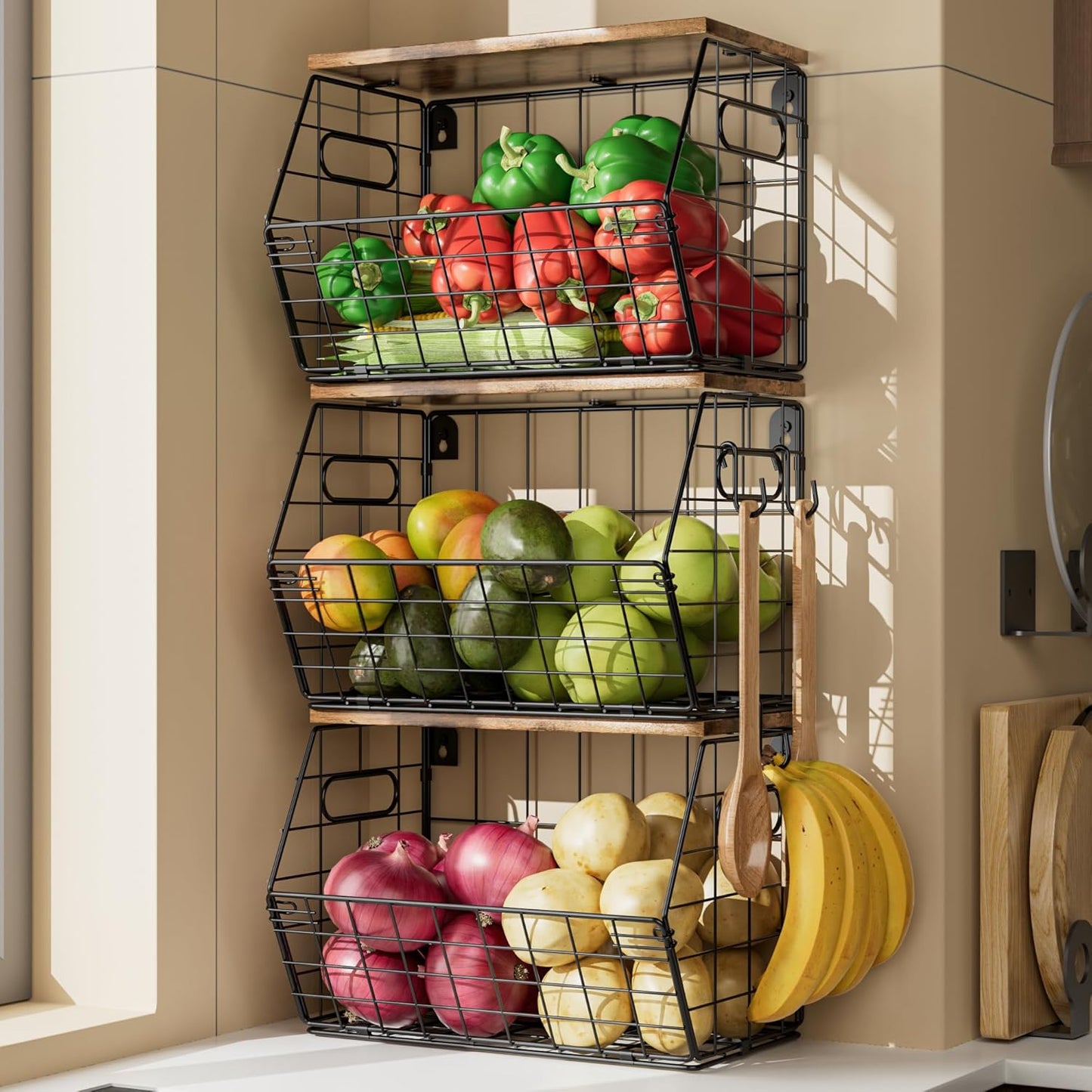 Delamu 3 Pack Stackable Metal Fruit Basket with Wood Lid-Wall Mounted&Countertop Organizer for