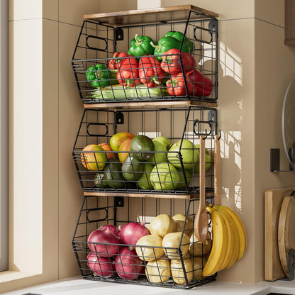 Delamu 3 Pack Stackable Metal Fruit Basket with Wood Lid-Wall Mounted&Countertop Organizer for